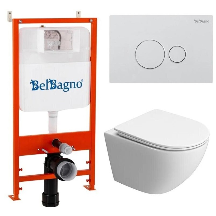Инсталляция BelBagno с унитазом BelBagno Uno-Tor BB5177CH-TOR/SC/BB026/BB082BL, сиденье микролифт, клавиша смыва белая, белый, 3 в 1