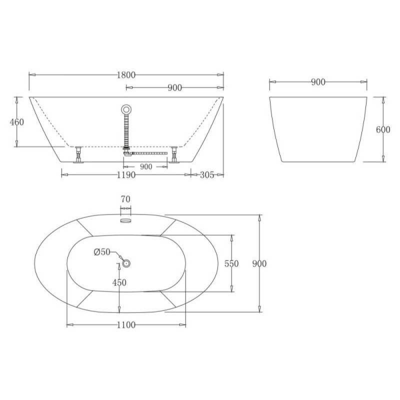 Ванна акриловая BelBagno BB68-1800, 180 х 90 см, белая