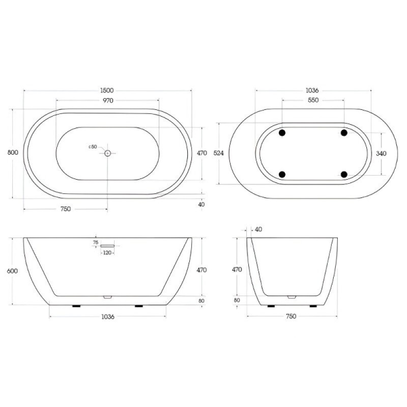 Ванна акриловая BelBagno BB70-1500-800, 150 х 80 см, слив-перелив в комплекте, белая