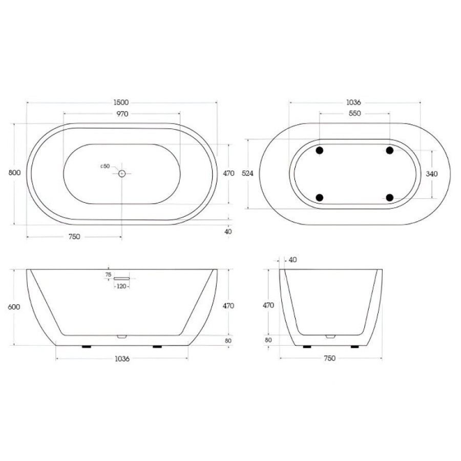 Ванна акриловая BelBagno BB70-1500-800, 150 х 80 см, слив-перелив в комплекте, белая