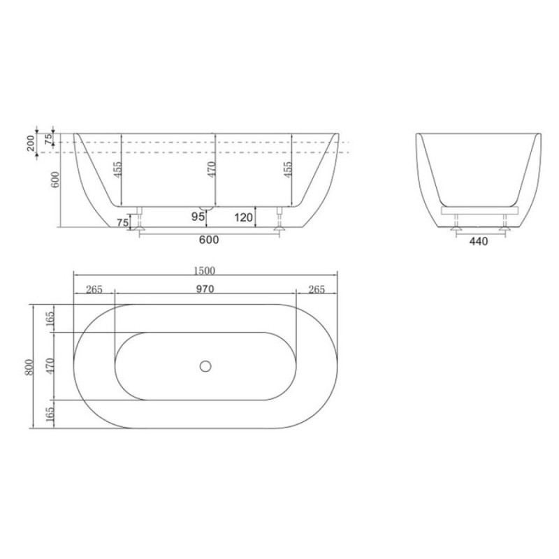 Ванна акриловая BelBagno 150 х 80 x 60 см, внешняя часть черная матовая, BB70-1500-800-W/NM