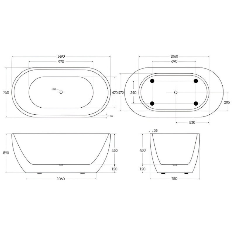 Ванна акриловая BelBagno BB70-1500-W0, 150 х 75 см, белая