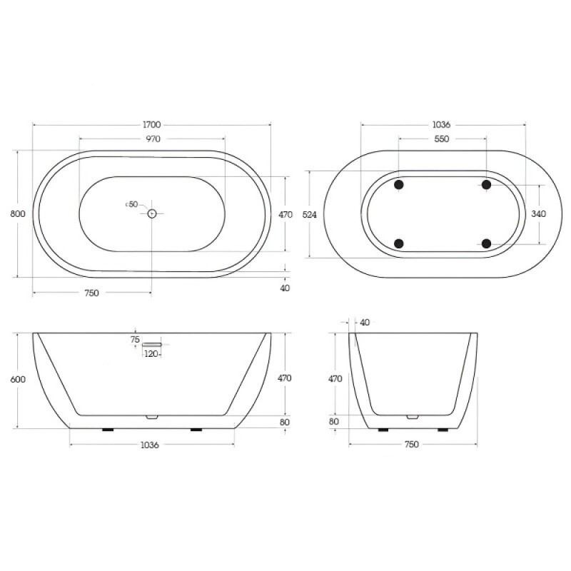 Ванна акриловая BelBagno BB70-1700-800, 170 х 80 см, слив-перелив в комплекте, белая