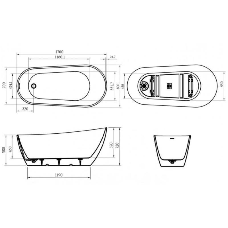 Ванна акриловая BelBagno BB704-1700-800-K, 170 х 80 см, слив-перелив в комплекте, белая
