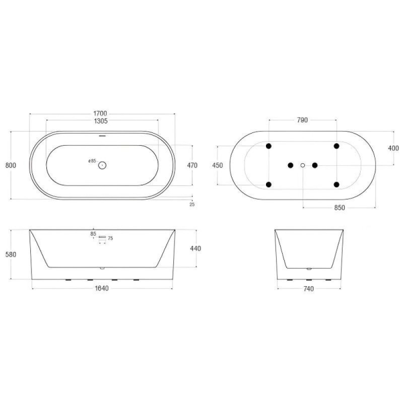 Ванна акриловая BelBagno BB705-1700-800, 170 х 80 см, слив-перелив в комплекте, белая