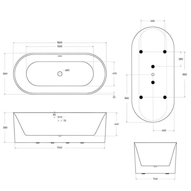 Ванна акриловая BelBagno BB705-1800-800, 180 х 80 см, слив-перелив в комплекте, белая