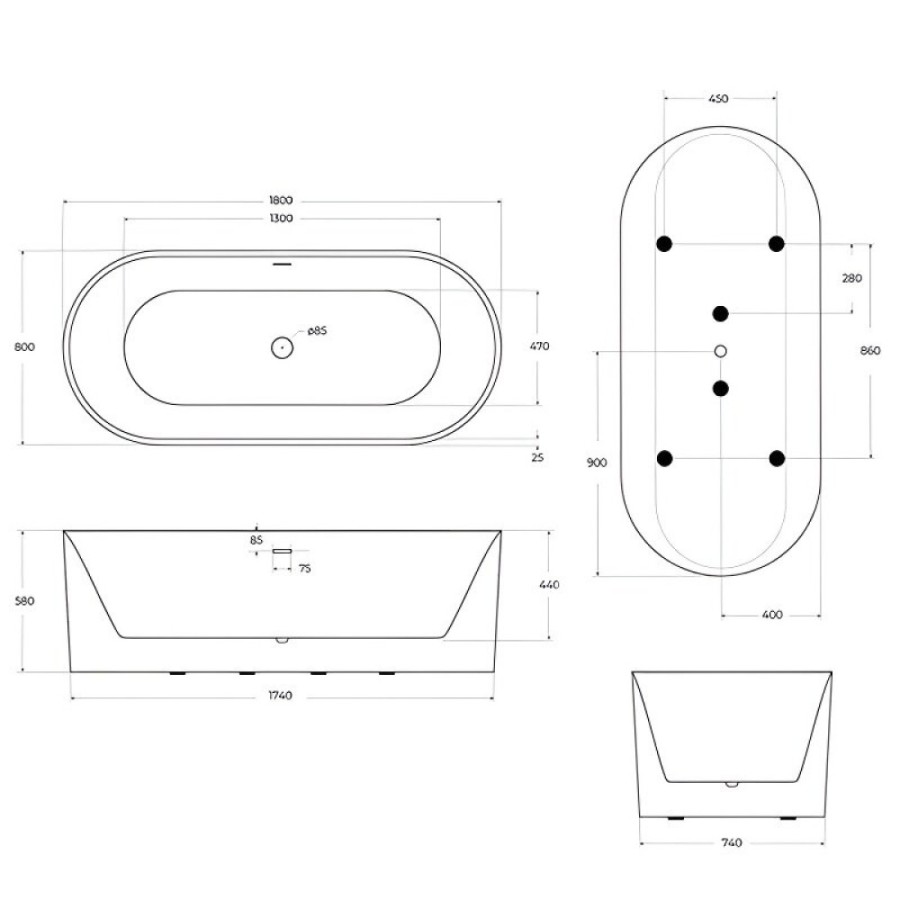 Ванна акриловая BelBagno BB705-1800-800, 180 х 80 см, слив-перелив в комплекте, белая