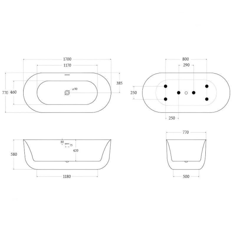 Ванна акриловая BelBagno BB706-1700-770, 170 х 80 см, слив-перелив в комплекте, белая