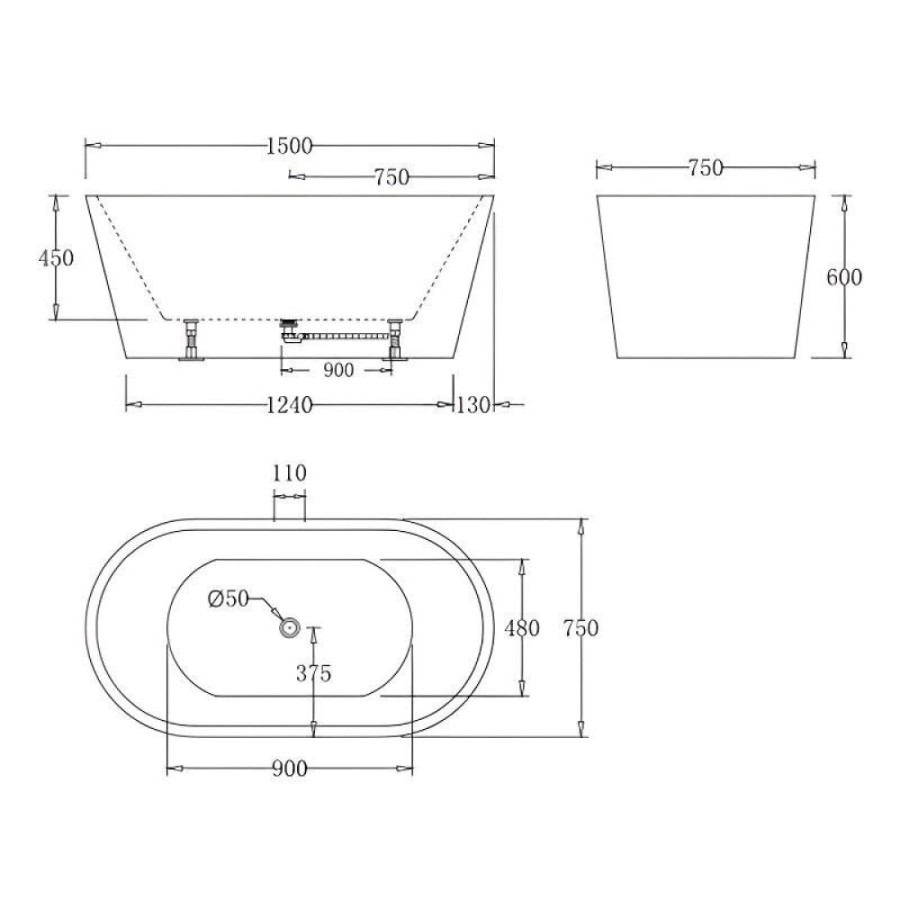 Ванна акриловая BelBagno BB71-1500-W0, 150 х 75 см, белая