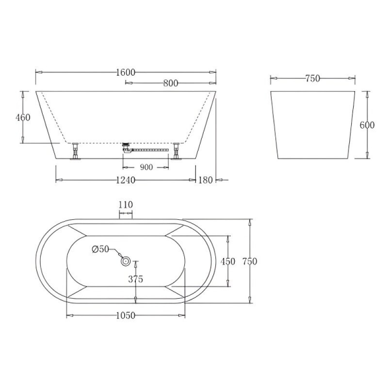 Ванна акриловая BelBagno BB71-1600-W0, 160 х 75 см, белая