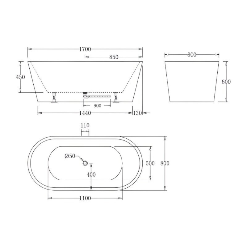 Ванна акриловая BelBagno BB71-1700-W0, 170 х 80 см, белая