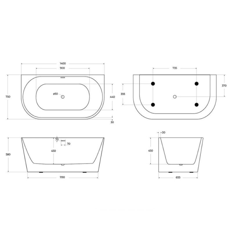 Ванна акриловая BelBagno BB710-1400-750, 140 х 75 см, слив-перелив в комплекте, белая