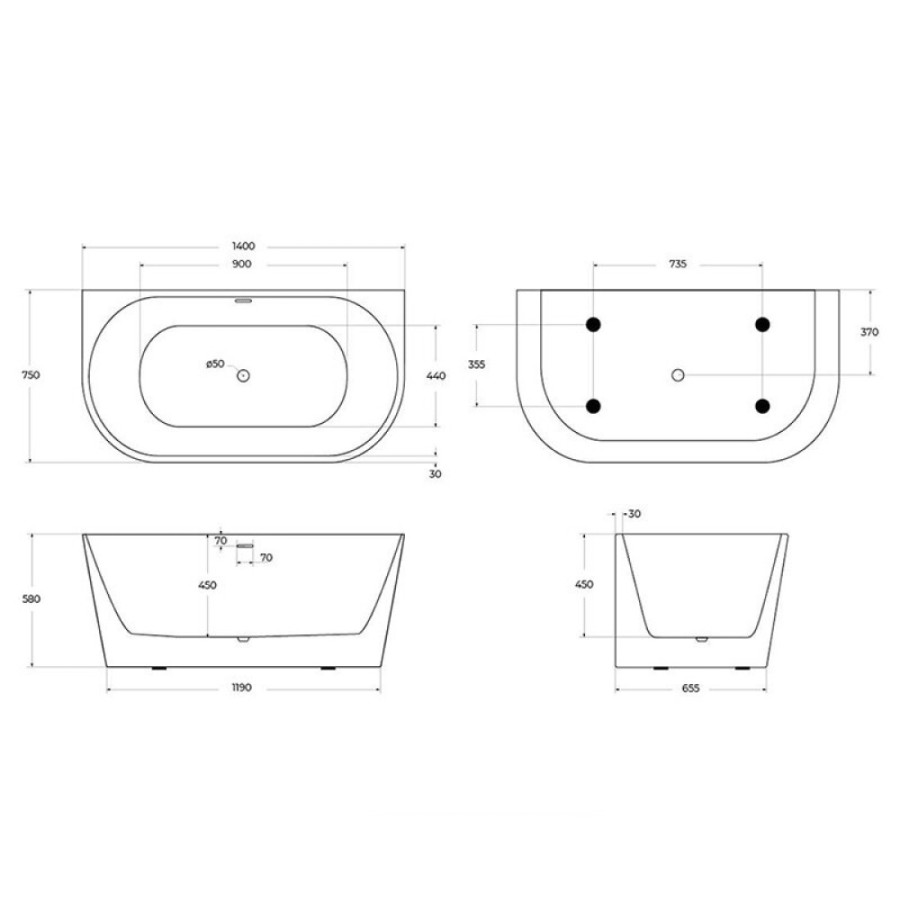 Ванна акриловая BelBagno BB710-1400-750, 140 х 75 см, слив-перелив в комплекте, белая