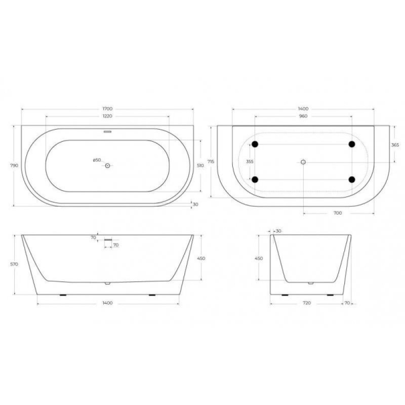 Ванна акриловая BelBagno BB710-1700-800, 170 х 80 см, слив-перелив в комплекте, белая