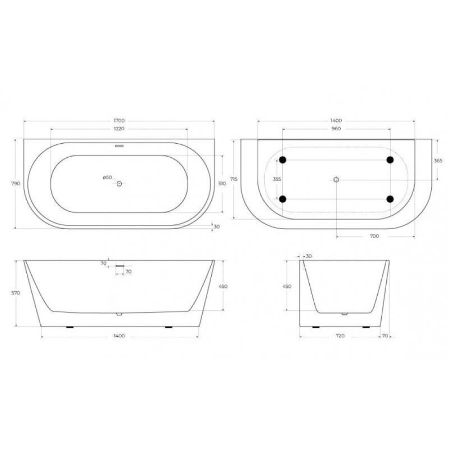 Ванна акриловая BelBagno BB710-1700-800, 170 х 80 см, слив-перелив в комплекте, белая