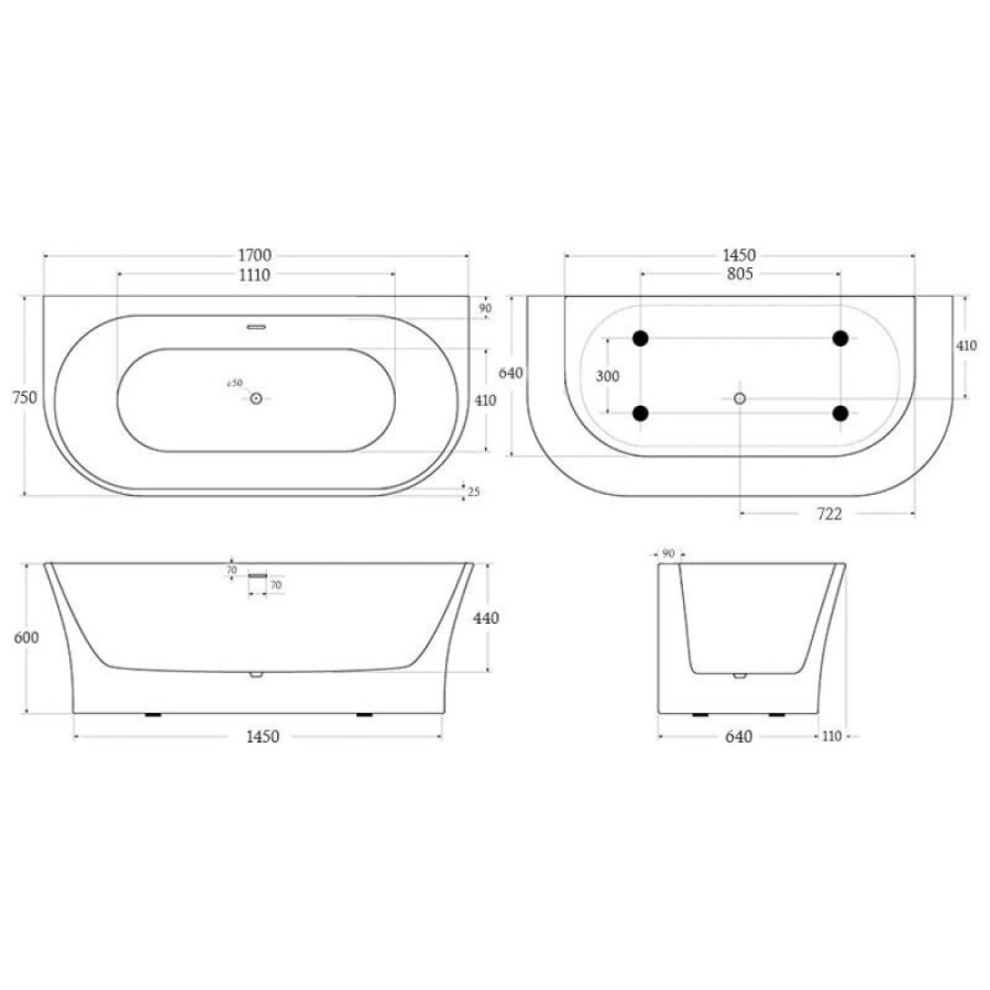 Ванна акриловая BelBagno BB711-1700-750, 170 х 75 см, слив-перелив в комплекте, белая