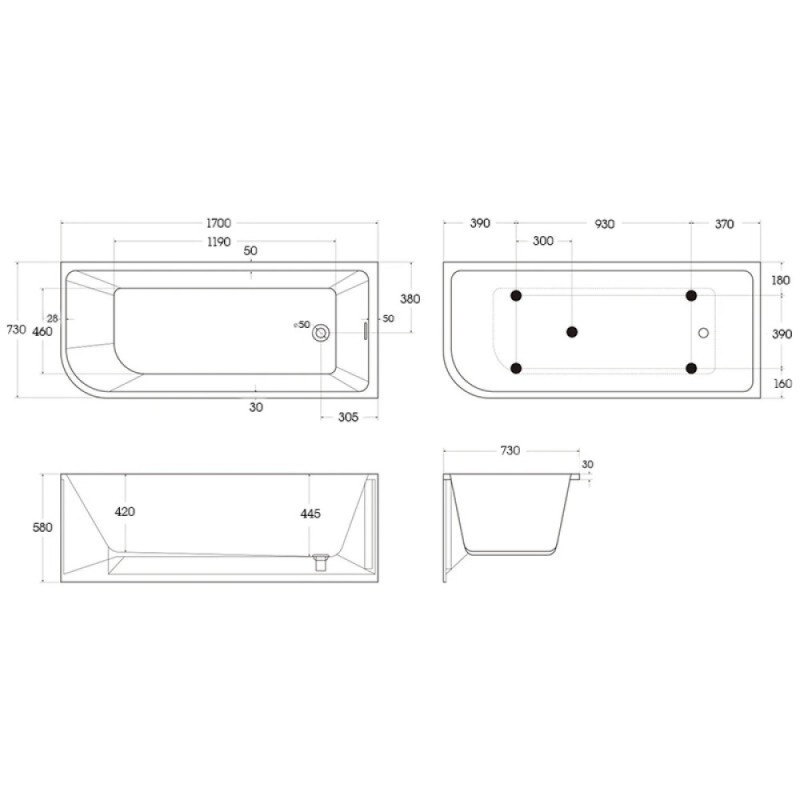 Ванна акриловая BelBagno BB712-1700-730-L/R, 170 х 75 см, слив-перелив в комплекте, белая
