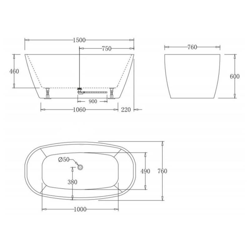 Ванна акриловая BelBagno BB72-1500-W0, 150 х 80 см, белая