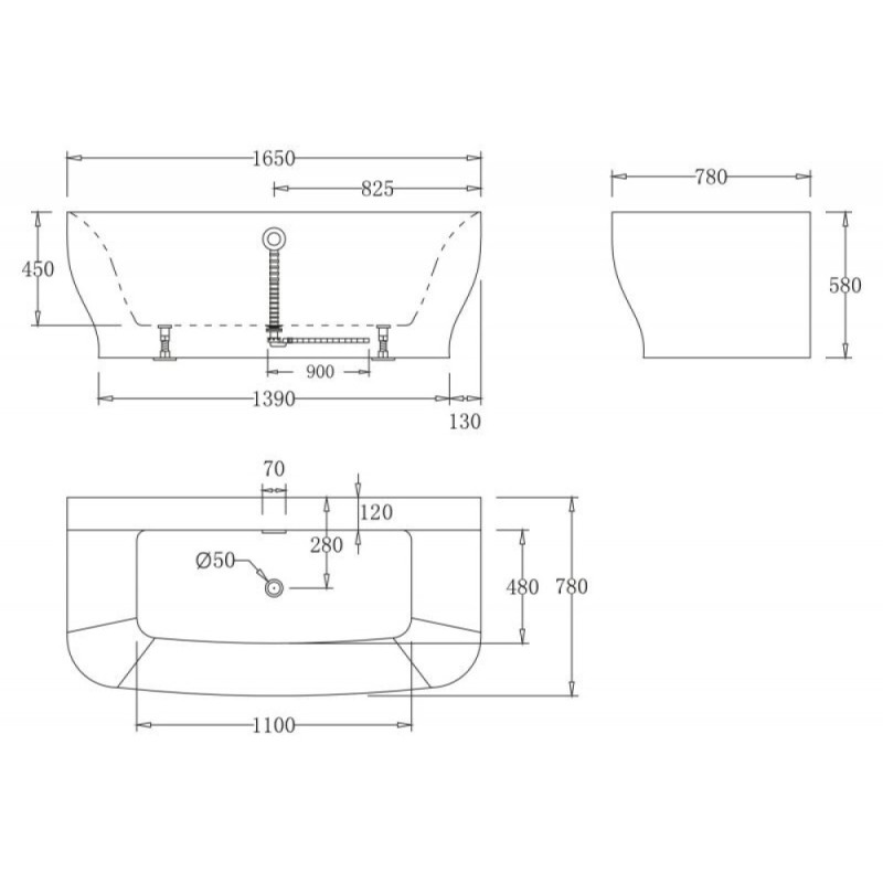 Ванна акриловая BelBagno BB74-1650, 165 x 80 см, белая