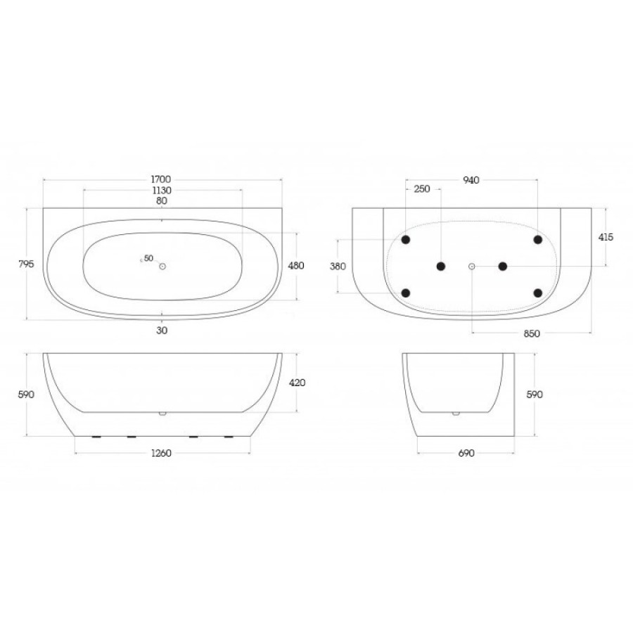 Ванна акриловая BelBagno BB83-1700-W0, 170 х 80 см, белая