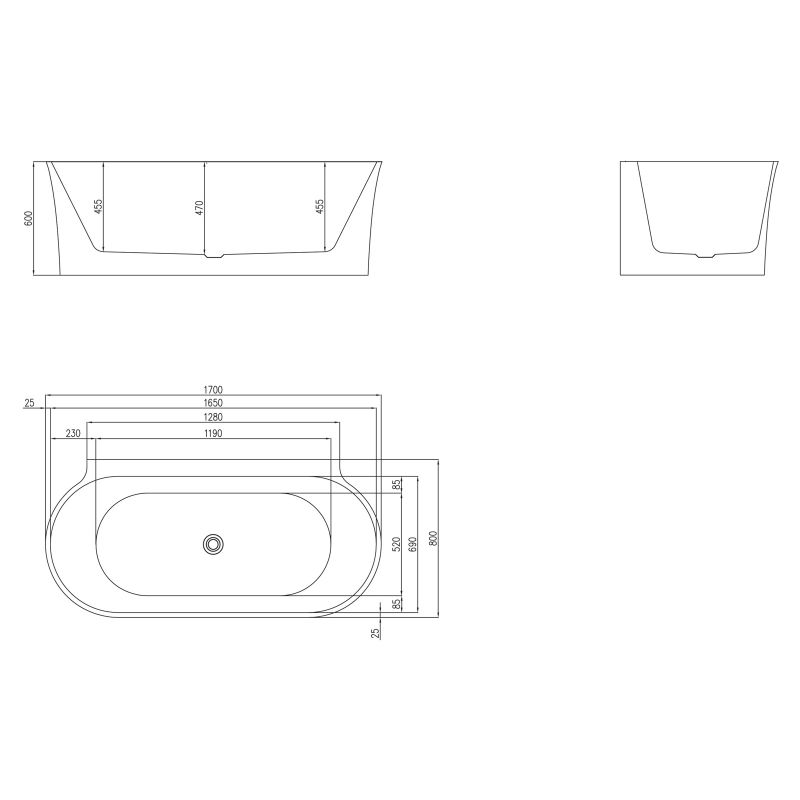 Акриловая ванна BELBAGNO BB409-1700-800-W/NM Белая матовая внутри, черная матовая снаружи