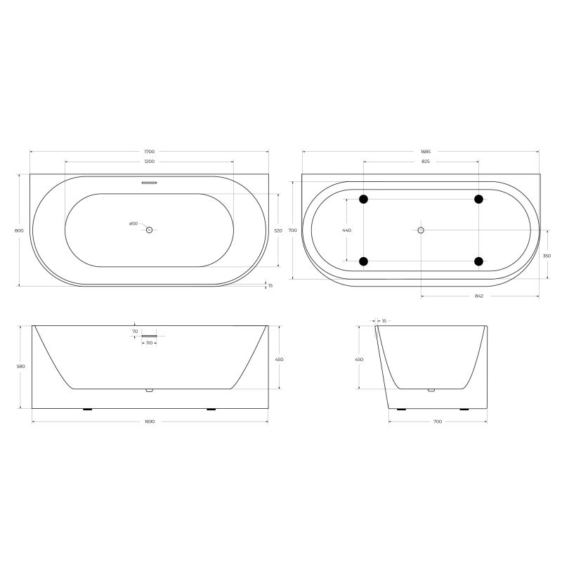 Акриловая ванна BELBAGNO BB412-1700-800-MATT, пристенная, белая матовая