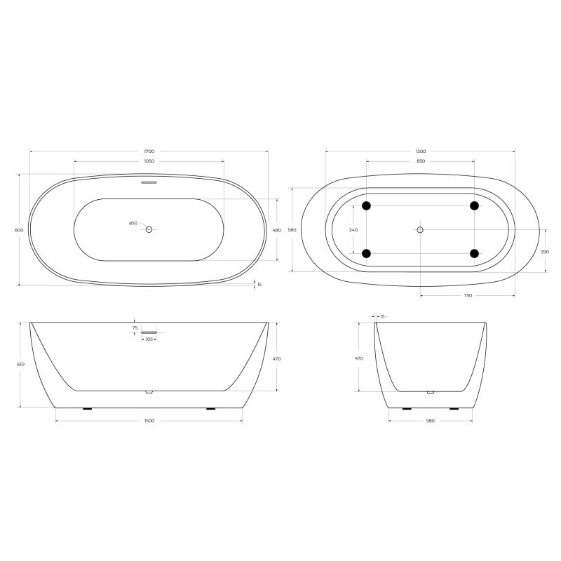 Акриловая ванна BELBAGNO BB415-1700-800