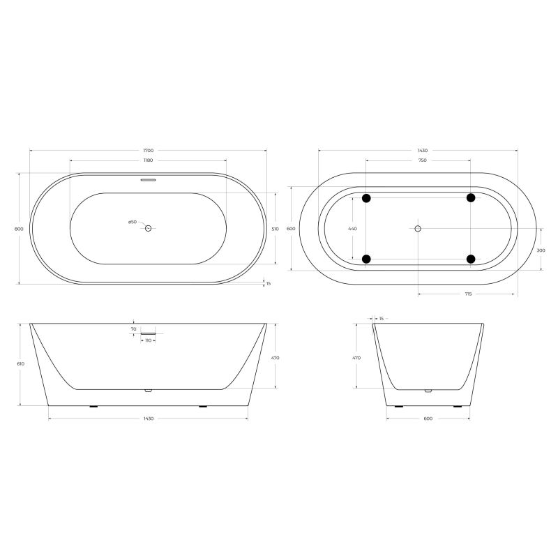 Акриловая ванна BELBAGNO BB416-1700-800