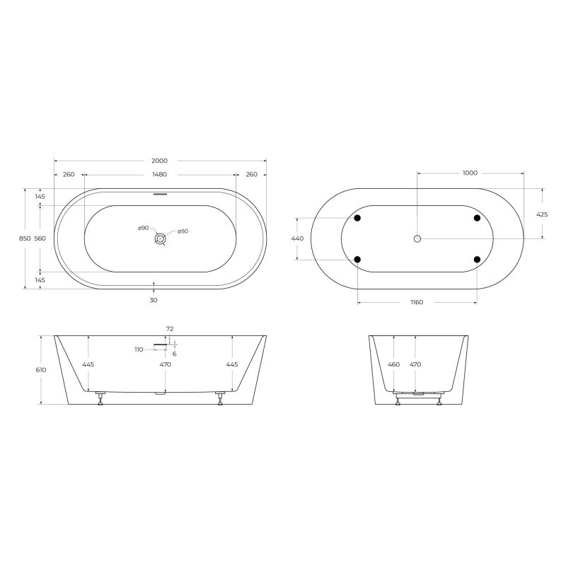 Акриловая ванна BELBAGNO BB416-2000-850