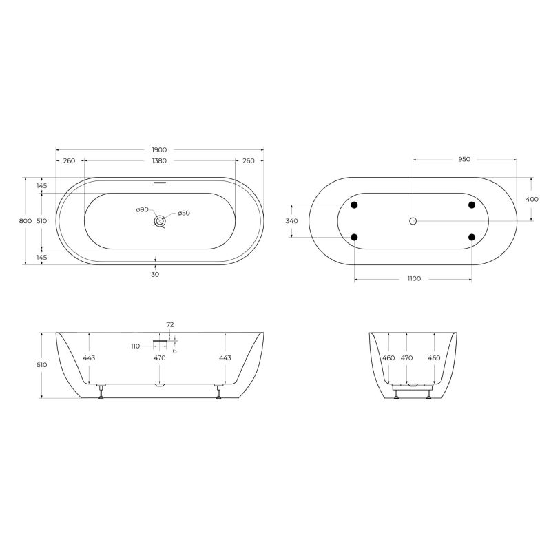 Акриловая ванна BELBAGNO BB417-1900-800