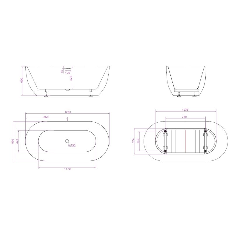 Акриловая ванна BELBAGNO BB70-1700-800-W/NM Белый Глянец внутри, черный матовый снаружи