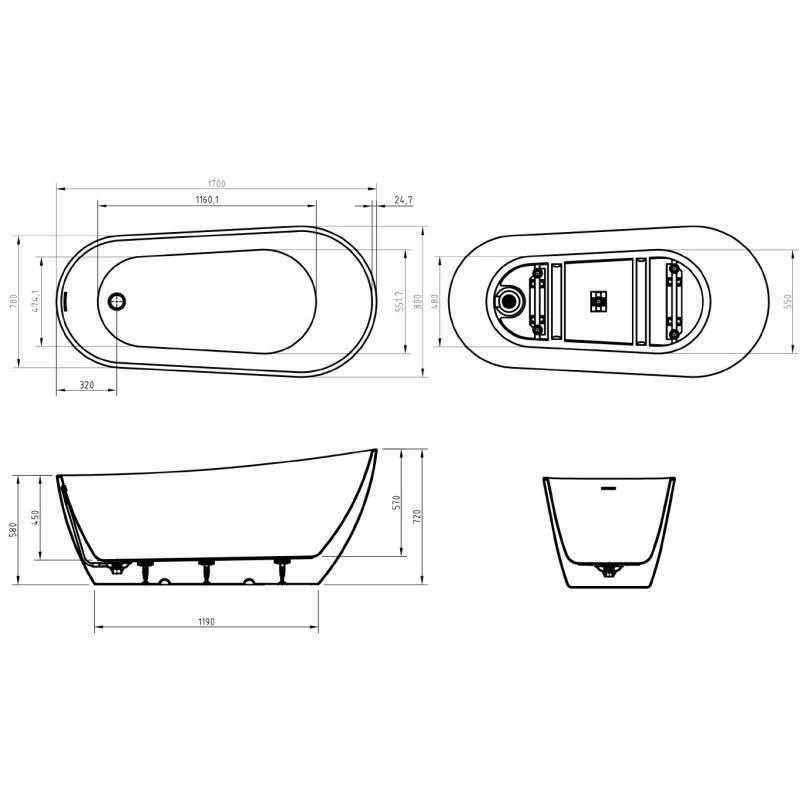 Акриловая ванна BELBAGNO BB704-1700-800-K