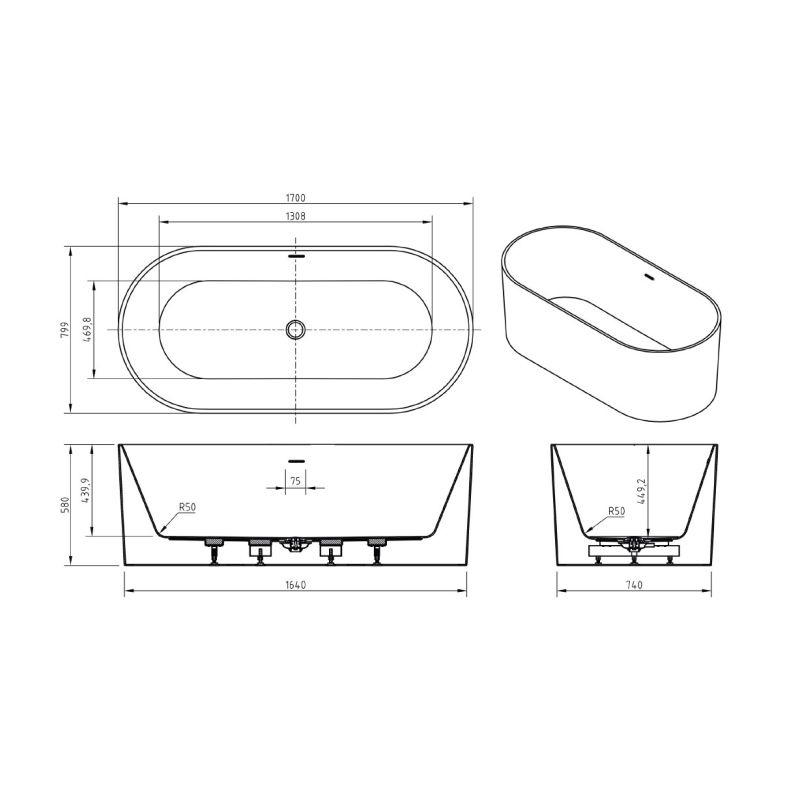 Акриловая ванна BELBAGNO BB705-1700-800