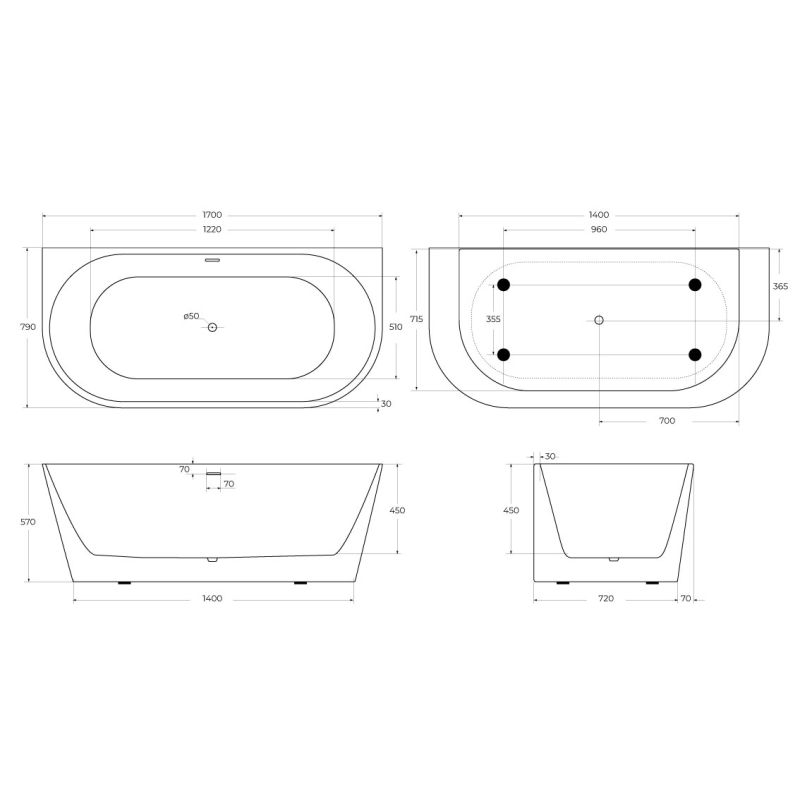 Акриловая ванна BELBAGNO BB710-1700-800