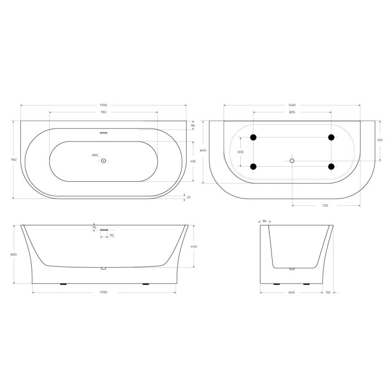Акриловая ванна BELBAGNO BB711-1700-750