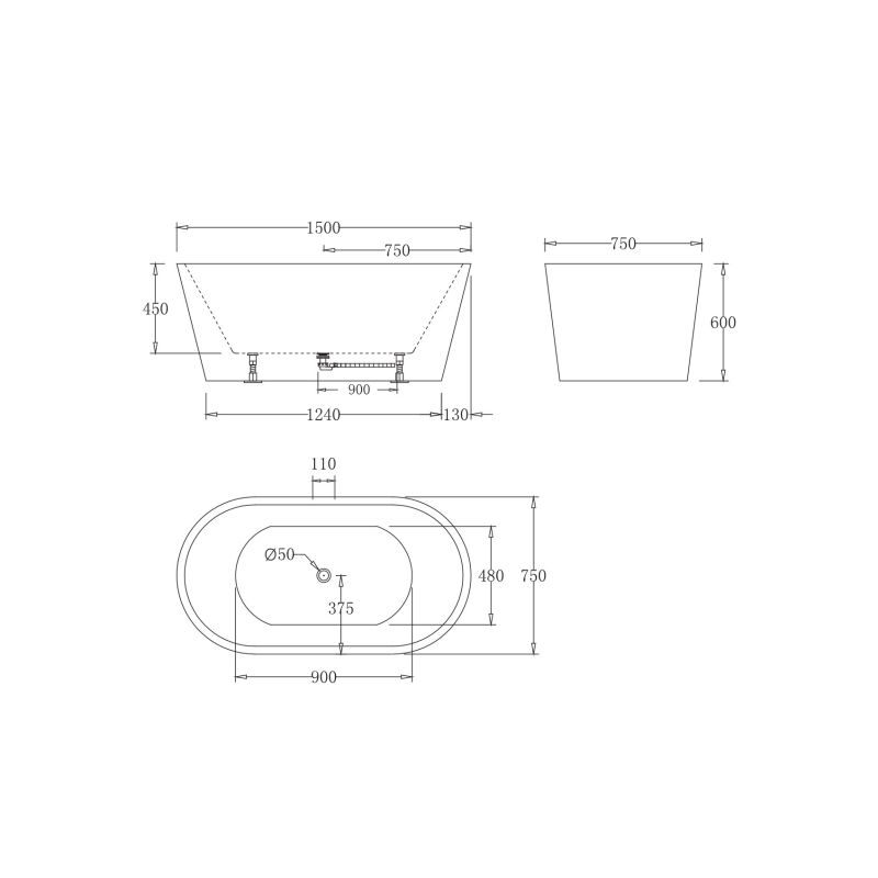 Акриловая ванна без перелива BELBAGNO BB71-1500-W0, 1500x750x600