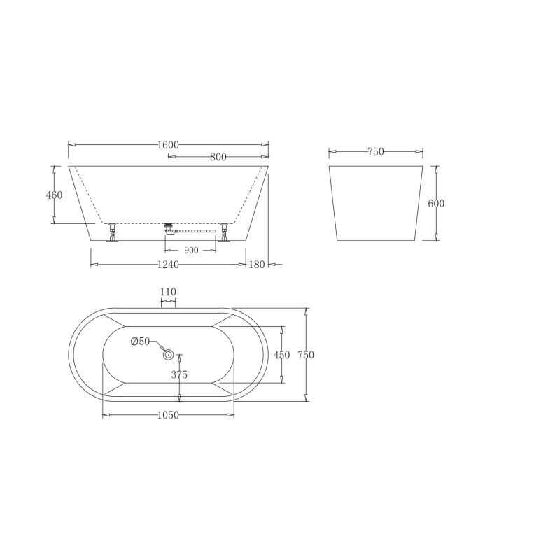 Акриловая ванна без перелива BELBAGNO BB71-1600-W0, 1600x750x600