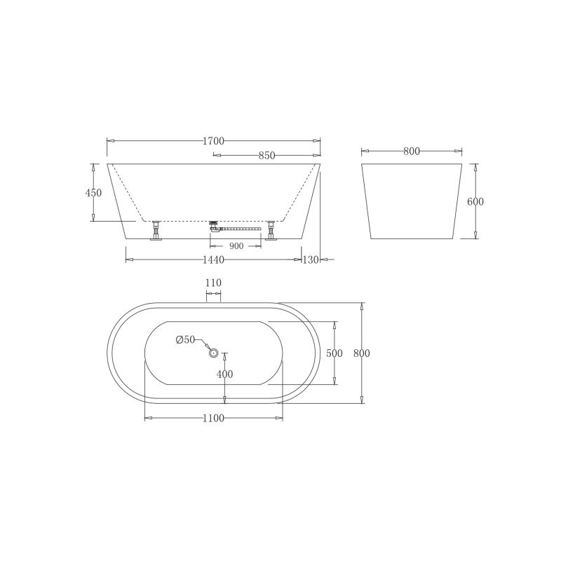 Акриловая ванна без перелива BELBAGNO BB71-1700-NERO-W0, 1700x800x600