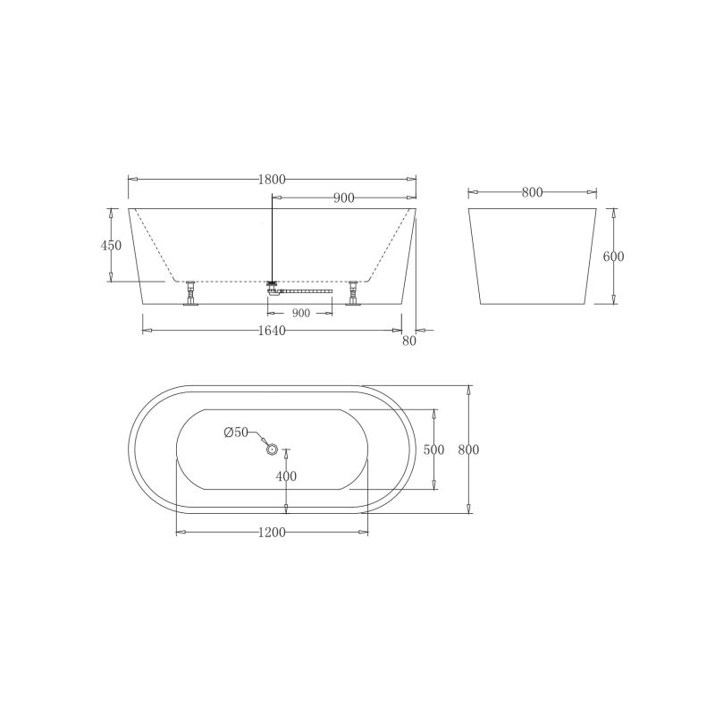 Акриловая ванна без перелива BELBAGNO BB71-1800-W0, 1800x800x600