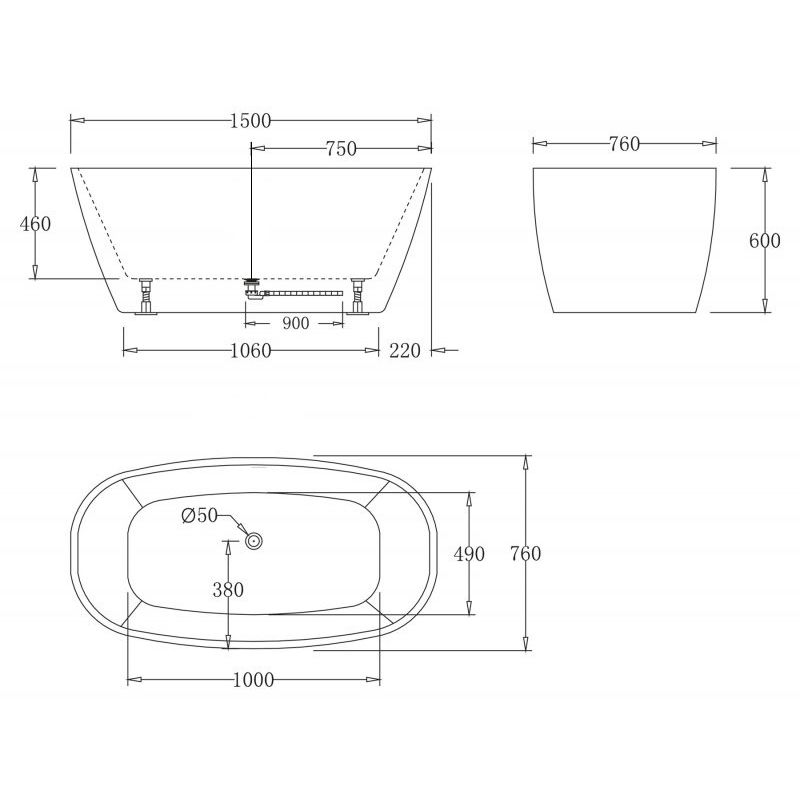 Акриловая ванна без перелива BELBAGNO BB72-1500-W0, 1500x760x600