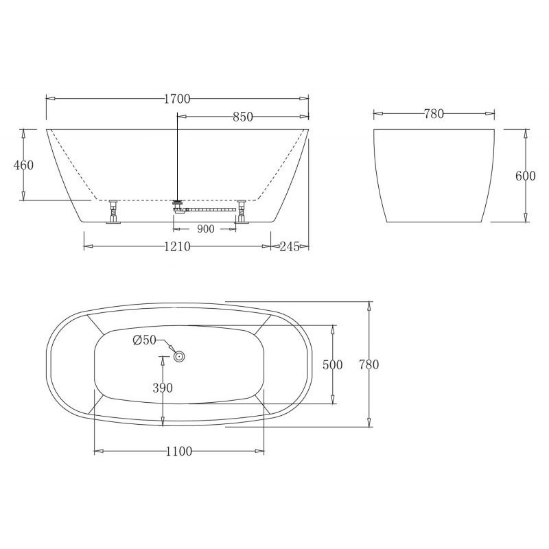 Акриловая ванна без перелива BELBAGNO BB72-1700-W0, 1700x780x600