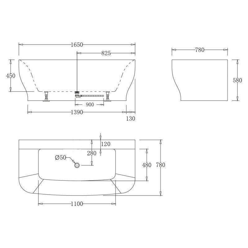Акриловая ванна без перелива BELBAGNO BB74-1650-W0, 1650x780x590