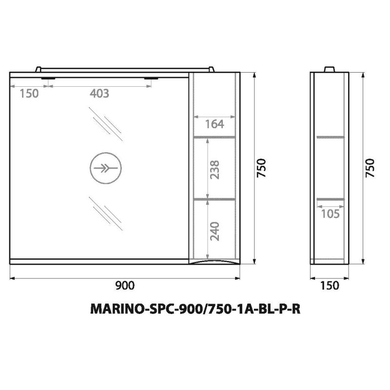 Зеркальный шкаф BelBagno MARINO-SPC-900/750-1A-BL-P-R