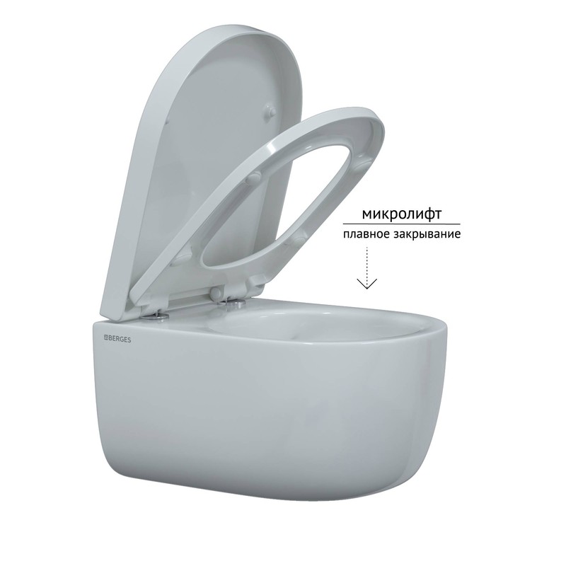 Комплект BERGES для монтажа  подвесного унитаза: инсталляция NOVUM525, кнопка L3 хром глянец, унитаз EGO Rimless 49см, сиденье дюропласт Toma SO, микролифт, быстросъем