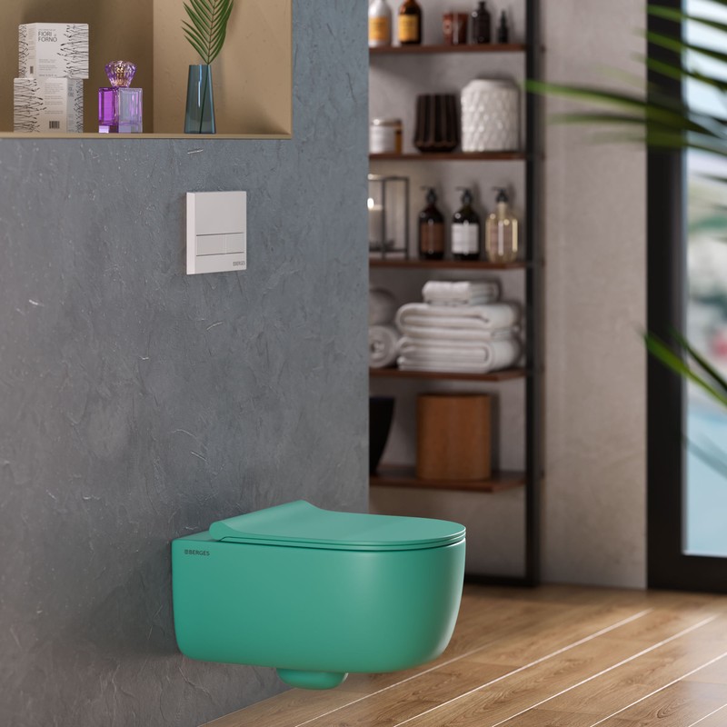 Унитаз BERGES подвесной EGO XL матовый темно-зеленый Rimless 54 см, сиденье дюропласт EGO XL Slim SO матовый темно-зеленый, микролифт, быстросъём