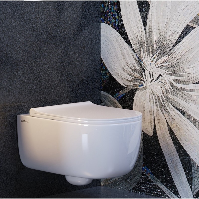 Унитаз BERGES подвесной EGO XL Rimless 54 см с функцией биде без смесителя, сиденье дюропласт Okus Slim SO, микролифт, быстросъём