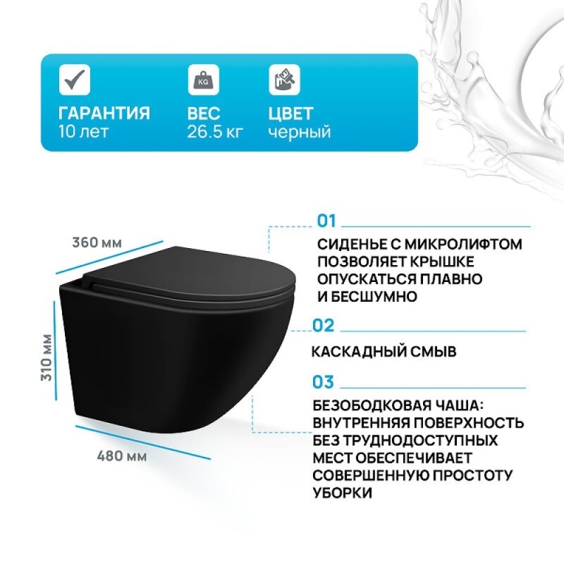 Унитаз подвесной Iddis Blanco BLAR3BMi25, безободковый, сиденье микролифт, черный