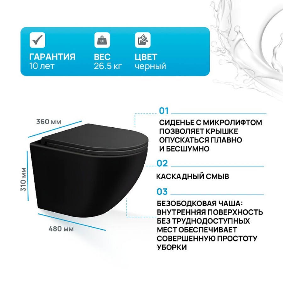 Унитаз подвесной Iddis Blanco BLAR3BMi25, безободковый, сиденье микролифт, черный