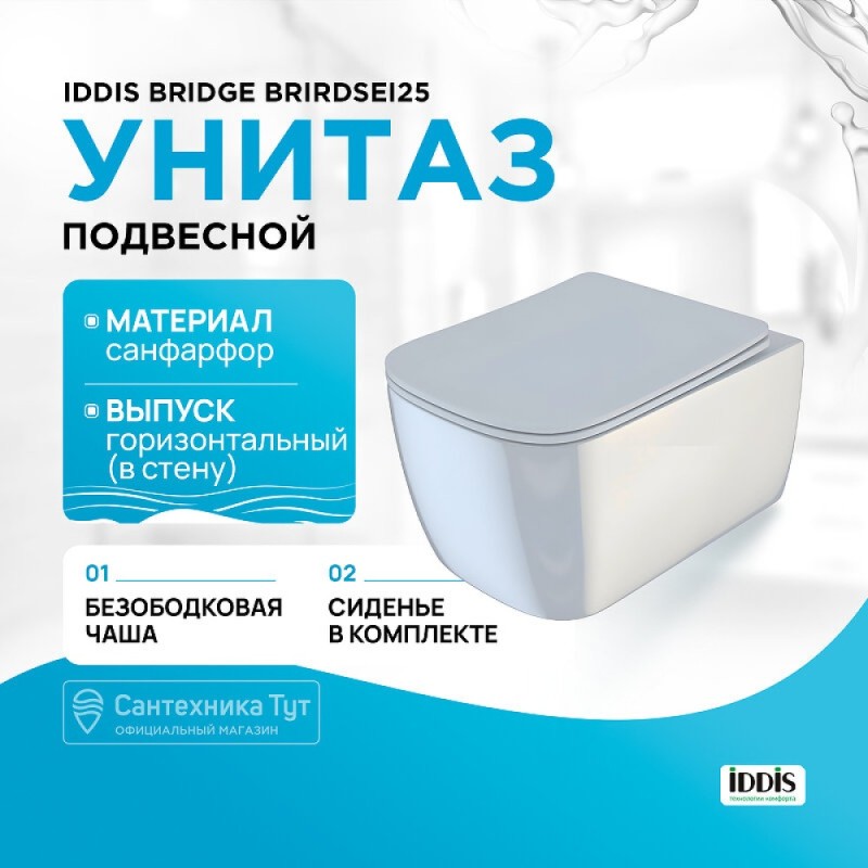 Подвесной унитаз Iddis Bridge BRIRDSEi25, безободковый, с сиденьем Soft Close, белый