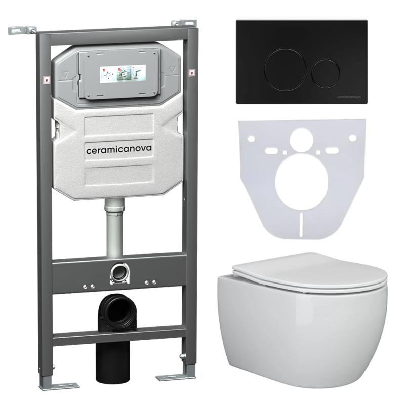 Комплект унитаза с инсталляцией Ceramicanova Play CN3001_1001B_1000 с сиденьем Микролифт и Черной матовой клавишей смыва Комплект унитаза с инсталляцией Ceramicanova Play CN3001_1001B_1000 с сиденьем Микролифт и Черной матовой клавишей смыва
